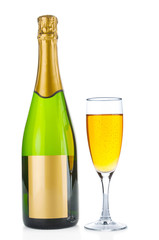 Champagne bottle and filled goblet on white background