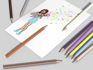 Foto auf Acrylglas Een tekening met potlood van een meisje die feest viert © emieldelange