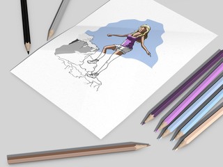 Een tekening met potlood van een meisje die een berg opklimt