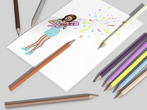 Een tekening met potlood van een meisje die feest viert