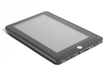 Tablet black with grey screen lying with shadow front