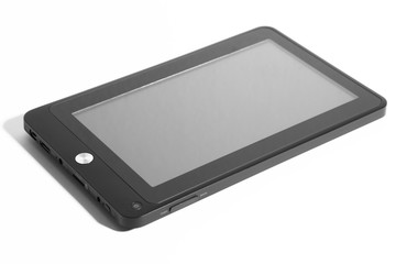 Tablet black with grey screen lying with shadow front right side