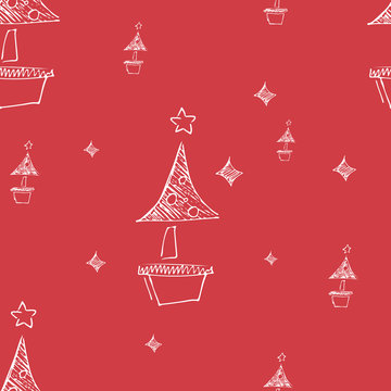 Set of hand drawn stars and chrismas tree. Retro vintage style. Seamless background. chrismas pattern on red background.