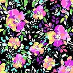 Super bright cute flower print with bright leaves - seamless backrgound
