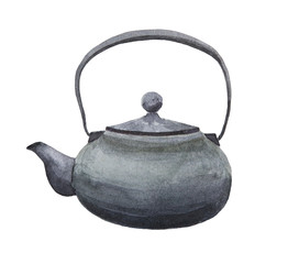 Japanese black cast iron teapot watercolor painting on white background
