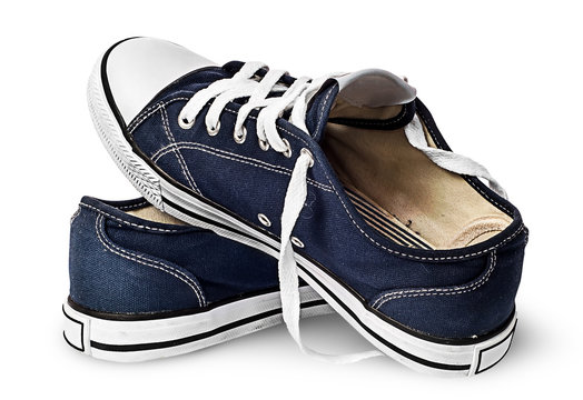 One pair of dark blue sports shoes on one another