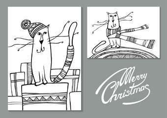 Hand drawn vector line greeting cards with cats and lettering "Merry Christmas".