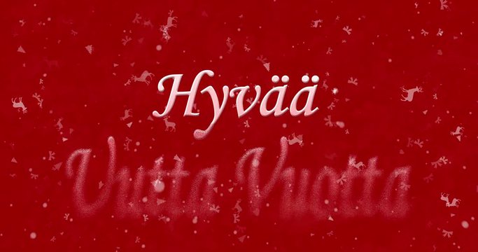 Happy New Year text in Finnish "Hyvaa uutta vuotta" formed from dust and turns to dust horizontally on red animated background
