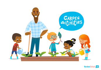 Teacher and kids engaged gardening in the backyard. Girl watering flowers in the garden. Eco concept. Montessori education activities. Organic . Vector illustration