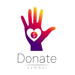 Donation sign icon. Donate money hand and heart. Charity or endowment symbol. Human helping. on white background. Vector.Violet color.