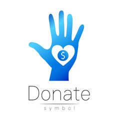 Obraz premium Donation sign icon. Donate money hand and heart. Charity or endowment symbol. Human helping. on white background. Vector.Blue color.
