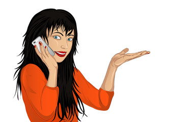 Smiling woman speaks by mobile phone. Girl answers the phone