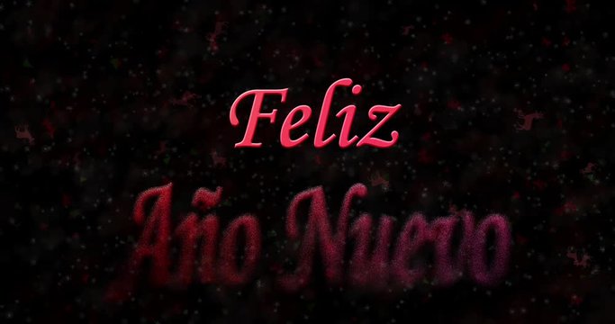 Happy New Year text in Spanish "Feliz ano nuevo" formed from dust and turns to dust horizontally on black animated background
