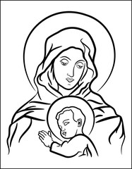 Black and white illustration of the Virgin Mary with baby Jesus