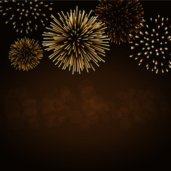 Obraz premium Firework gold bursting sparkle background card. Golden night fire, beautiful explosion for celebration, holiday, Christmas, New Year, birthday. Symbol festive, anniversary. Vector illustration