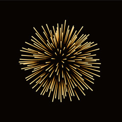 Fototapeta premium Firework gold isolated. Beautiful golden firework on black background. Bright decoration for Christmas card, Happy New Year celebration, anniversary, festival. Flat design Vector illustration