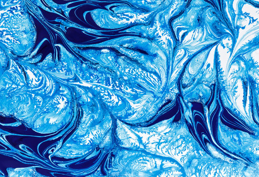 Fantastic Patterns Obtained By Mixing Blue Paint White, Abstract