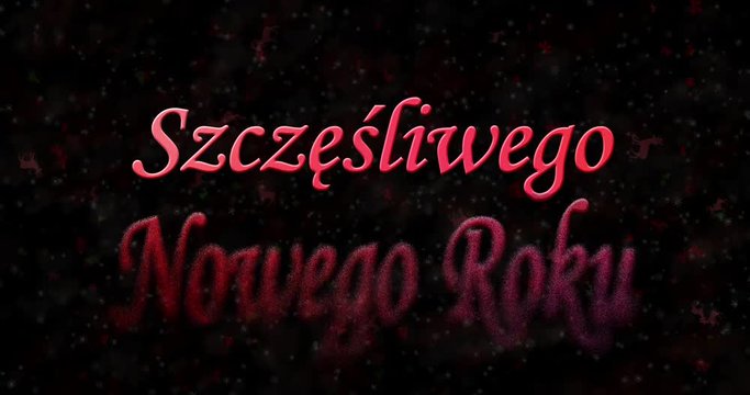 Happy New Year text in Polish "Szczesliwego Nowego Roku" formed from dust and turns to dust horizontally on black animated background

