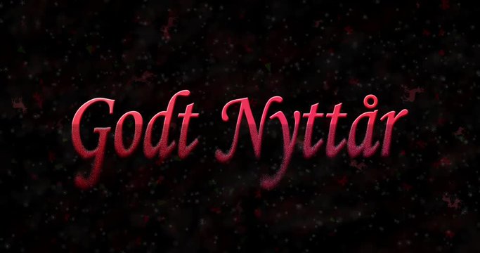 Happy New Year text in Norwegian "Godt nyttar" formed from dust and turns to dust horizontally on black animated background
