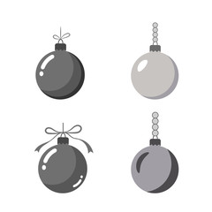 Christmas tree ball icons set. Gray baubles decoration, isolated on white background. Symbol of Happy New Year, Xmas holiday celebration, winter. Flat design for card. Vector illustration
