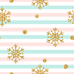 Christmas gold snowflake seamless pattern. Golden glitter snowflakes on blue and white diagonal lines background. Winter snow texture wallpaper. Symbol holiday, New Year Vector illustration