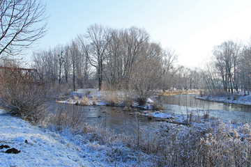confluence of two rivers Moravka and Ostravice in winter, Czech Republic