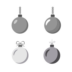 Christmas tree ball icons set. Gray baubles decoration, isolated on white background. Symbol of Happy New Year, Xmas holiday celebration, winter. Flat design for card. Vector illustration