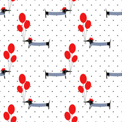 Cute dog holding balloons seamless pattern on polka dots background. Cartoon dachshund vector illustration. French style dressed dog with beret and frock. Fashion design for textile, fabric, decor