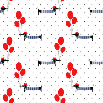 Cute dog holding balloons seamless pattern on polka dots background. Cartoon dachshund vector illustration. French style dressed dog with beret and frock. Fashion design for textile, fabric, decor