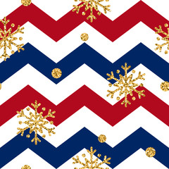 Christmas gold snowflake seamless pattern. Golden glitter snowflakes on red, blue, white zig zag background. Winter snow design wallpaper. Symbol holiday, New Year celebration Vector illustration