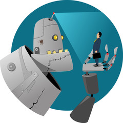 Giant robot examining a businessman standing in the palm of his hand, EPS 8 vector illustration