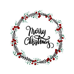 Obraz na płótnie Canvas Merry Christmas hand lettering greeting card. Modern calligraphy. Vector Christmas snowflake wreath.