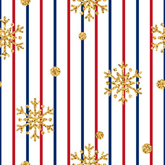 Christmas gold snowflake seamless pattern. Golden glitter snowflakes on blue, red, white lines background. Winter snow design wallpaper. Symbol holiday, New Year celebration Vector illustration