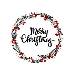 Naklejka na ściany i meble Merry Christmas hand lettering greeting card. Modern calligraphy. Vector Christmas snowflake wreath.