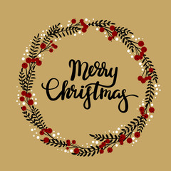 Merry Christmas hand lettering greeting card. Modern calligraphy. Christmas Wreath. Vector Illustration