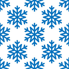 Snowflake simple seamless pattern. Blue snow on white background. Abstract wallpaper, wrapping decoration. Symbol of winter, Merry Christmas holiday, Happy New Year celebration Vector illustration