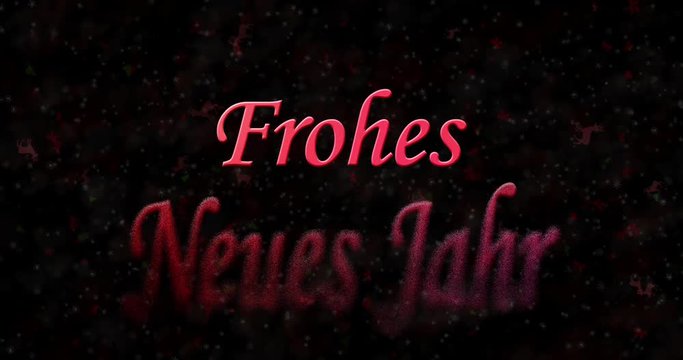 Happy New Year text in German "Frohes neues Jahr" formed from dust and turns to dust horizontally on black animated background
