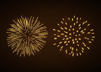 Obraz premium Fireworks set gold isolated. Beautiful golden fireworks on black background. Bright decoration Christmas card, Happy New Year celebration, anniversary, festival. Flat design Vector illustration