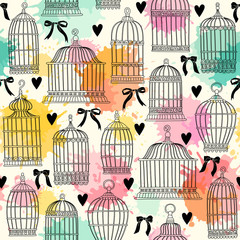 Seamless pattern with birdcages. Freehand drawing
