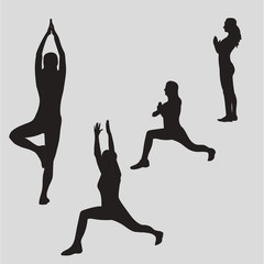 Woman meditating in different yoga poses. Yoga woman silhouette. Zen, meditation, peace. Warrior, Tree, Namaste poses. Vector Illustration.