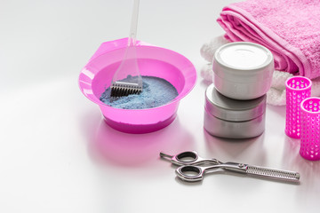 hairdresser working desk preparation for hair dyeing