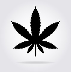 Cannabis or marijuana leaf black vector flat icon with shadow, i