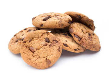 Chocolate chip cookies isolated on white background.
