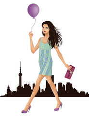Woman holding a balloon with city background