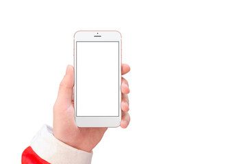 Smart phone with isolated white screen in Santa Claus hand. White isolated background.