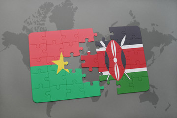 puzzle with the national flag of burkina faso and kenya on a world map