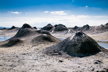 Field with craters of mud volcano in Gobustan, Azerbaijan.