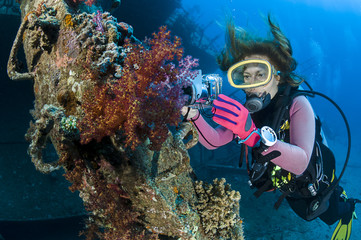 Woman underwater photographer taking images of soft corals of Giannis D shipwreck at Abu Nuhas...