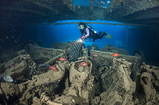 Motorcycles at  cargo of Thistlegorm shipwreck near Ras Muhammed, Red Sea, Egypt.
