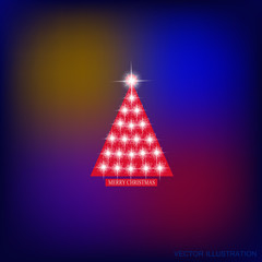 Abstract background with christmas tree and stars. Vector illustration in blue, red and white colors.